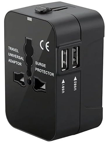 Adaptador Enchufe Universal con 2 Puertos USB | Adaptador Enchufe de Viaje para USA, Europa, Reino Unido | Diseño Compacto y Plegable | Compatible en más de 200 Países