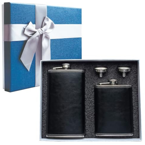 Confezione da 2 fiaschette per liquori da 226,8 g + 350 ml, fiaschetta in acciaio inox e pelle + imbuti, fiaschetta tascabile a prova di perdite, da uomo, colore nero