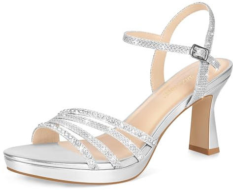 PIZZ ANNU Lena Sandales Femme Été Plateforme Confortable Et Nu-Pieds Confort Talon Chic Mariage à Bout Ouvert, Bride Cheville avec Lanières Pailletées Idéales pour Soirée Et Cérémonie Argenté EU 42