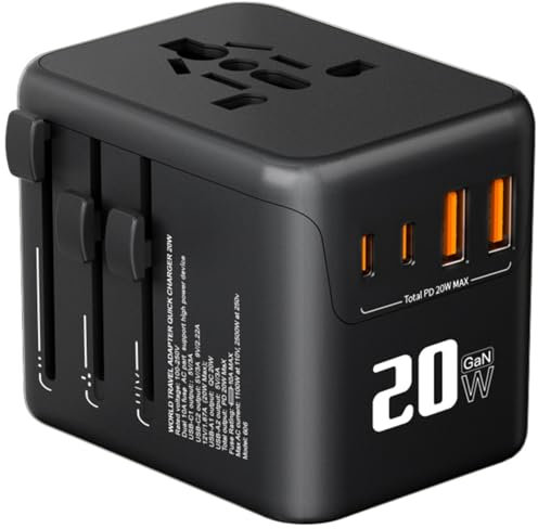 Adattatore da viaggio universale da viaggio con PD20 W, 2 USB, 2 USB C e 1 AC, adattatore universale per la Germania, Stati Uniti, Inghilterra, Italia, Australia