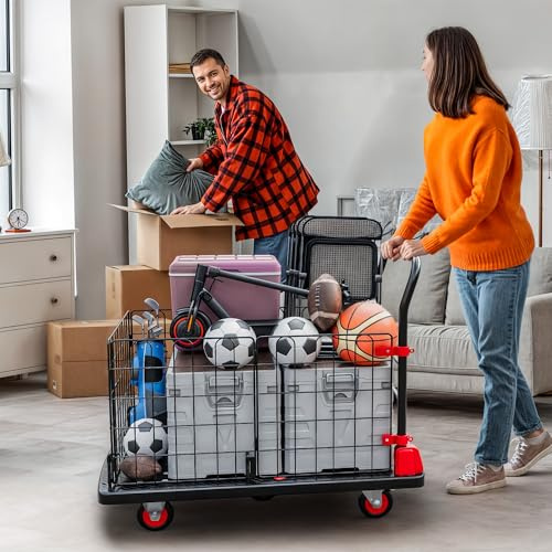 DWVO Trolley Cart with Wheels, Heavy Duty Hand Moving Dolly Cart, 1000 LBS Platform Truck Cart with Cage, Foldable Dolly Cart with Wheels for Warehouse Luggage Moving