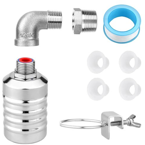 Gosknor Robinet à Flotteur en Acier Inoxydable, Filetage NPT Étanche Contrôle Automatique du Niveau d'Eau avec Adaptateur 1/2 à 3/4 Coude 1/2 pour Piscine et Abreuvoir