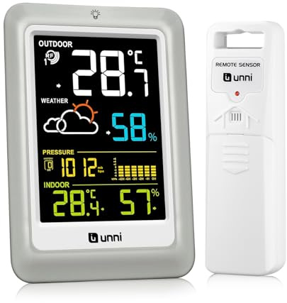 U UNNI Funk Wetterstation mit Außensensor Batterien oder USB betrieben, Wettervorhersage Funkwetterstation 100M/330FT, °C/°F & 3 Helligkeitsstufen Einstellung