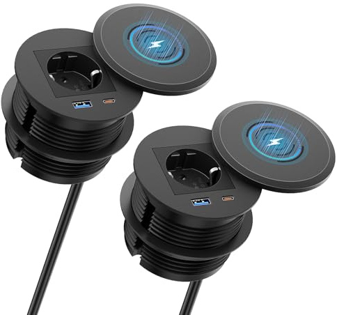 2-pack inbyggt uttag med 15 W trådlös laddning och USB-C PD 30 W, infällbart bordsuttag för kök och bänkskiva, 2 m kabel, svart