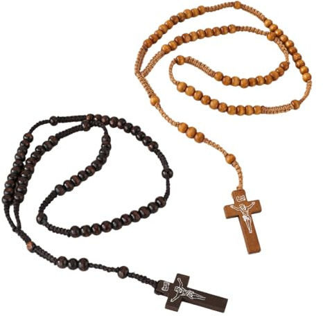 YIPFEN Collar de Rosario (2 piezas), con Cruz Católica, Cuentas de Oración de Madera Natural, Medalla Jesucristo San Benito, Hombre y Mujer, para Cristianos Católicos Comunión, Bautismo, Misa, Biblia