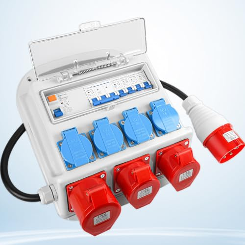 Sorlpv Distributore di corrente da parete, completamente cablato, con 4 prese Schuko da 230 V, CEE 16 A e 32 A, interruttore FI, interruttore LS, alloggiamento impermeabile IP67, per esterni, interni