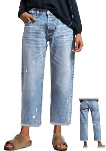Jean Capri Droit pour Femme – Denim Extensible, Ourlet effiloché, Coupe « Boyfriend » Ample et Poches (Light Blue,M)