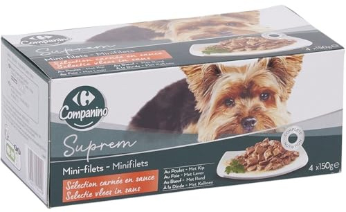 Repas Complet et Savoureux pour Chien Adulte avec Carrefour COMPANINO, 4x150g, Mini-Filets en Sauce au Poulet, Foie, bœuf et Dinde - Lot de 3