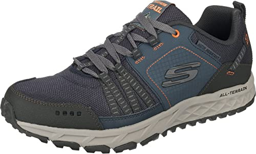 Skechers Hombre Escape Plan Trekking Low Cut, Navy Leather/Mesh/Orange Trim, 42.5 EU