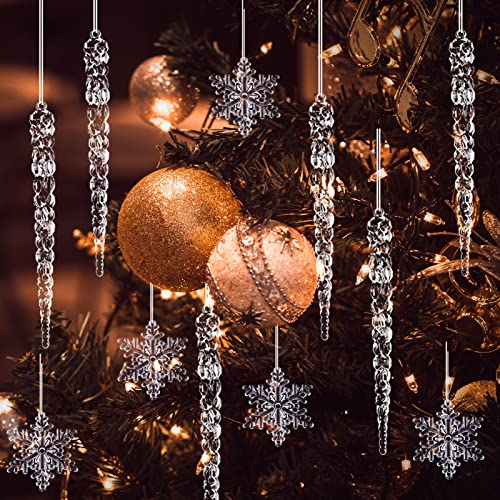 ToBeIT Weihnachtsanhänger Weihnachtsdeko 20 Stücke Weihnachtsbaumschmuck Schneeflocken Eiszapfen Weihnachtsbaum Anhänger- Christbaumschmuck Acryl Eiszapfen Schneeflocken Winterdeko (Länge 145mm)