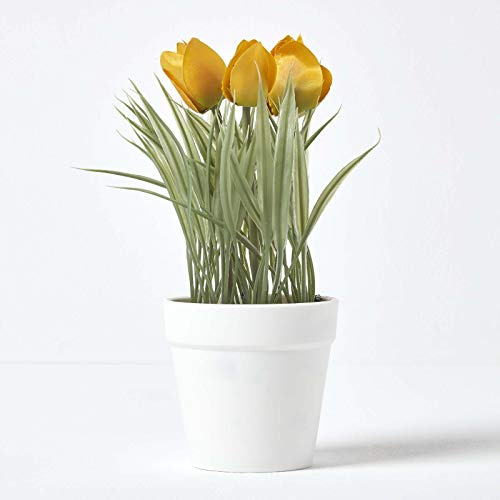 Homescapes künstliche gelbe Tulpe im weißen Topf, kleine Kunstblume/Kunstpflanze ca. 22 cm hoch ideal als Dekoration für Büro, Beistelltisch oder Fensterbank