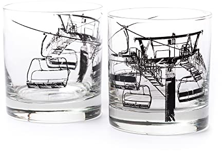 Black Lantern Whiskey Glasses Set of 2 – 11oz Heavy Base Old Fashioned Rocks Glasses – Screen Printed Designs with Gift Box (SKi Lift)