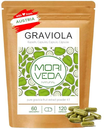 MoriVeda Capsule di Graviola, estratto naturale di frutto con vitamine, antiossidanti e minerali, in qualità crudista, vegane e senza glutine, 120 pezzi