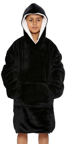 NOROZE Boys Girls Kids Hoodie Blanket Xmas Ultra Soft Sherpa Sweatshirt Warm Comfy Cosy Oversized Wearable Throw Hooded Top One Size Fit All (7-13 Years, Black)