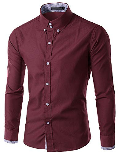 Take Idea Camicia business da uomo, tinta unita, con bottoni a pressione, vestibilità normale, per il tempo libero, con colletto alto, camicia funzionale, Vino, L