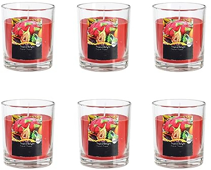 Doftljus i glas i set om 6 – ljus, advent, rumsdoft – inget sot – brinntid: 25 timmar - många doftaromer – 7,0 x 7,7 cm (röd – doft: tropiska frukter)