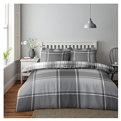 Lions Checked Bedding Set - Premium Striped Double Bed Duvet Cover with Pillowcase, Poly Cotton Reversible Quilt Covers, 3 Piece Soft Bed Set, Machine Washable, Button Closure, Grey