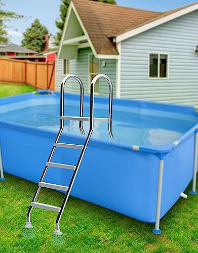 BOTOWI Escalera de Piscina 153cm para Piscinas Elevadas, Escalera de Piscina Antideslizante de 4 Peldaños, Escalera de Piscina de Acero Inoxidable, Escalera de Piscina de Doble Cara, Carga 250kg