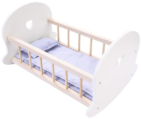 Engelhart - 606012 - Lit à Bascule pour Poupées - Gris et Blanc - Berceau en Bois pour Poupons - Dimensions : 50 x 36 x 28 cm - À partir de 3 Ans - Cadeau pour Enfant- Jouets en Bois