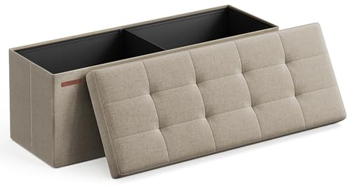 SONGMICS MAZIE Collection - Storage Ottoman Bench, 110 cm Folding Foot Rest Stool, End of Bed Bench, Easy Assembly, for Living Room, Bedroom, Entryway, Camel Brown LSF077K51