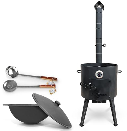 ZARENHOFF Utschak Uchag - Horno de fuego de 40 cm de diámetro, 2 mm, acero con kazan uzbeko de 12 l, cucharón y cucharón para Plov 48 cm Казан Учаг Kazan Asia (Set 3)