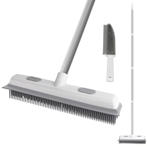 Wiseten Escoba de Goma 2 en 1 para Eliminar el Pelo de Mascotas con Escobilla de Goma, Cepillo de Piso para Alfombra, Mango Ajustable de 136cm con Cepillo Portátil para Quitar Pelusas de Suelo