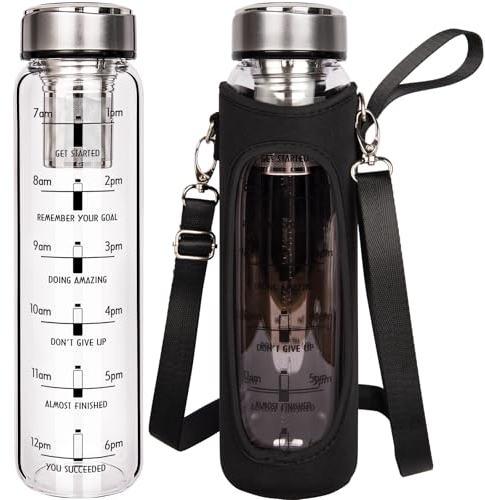 DEARRAY 1 litre Bouteille de Thé en Verre avec Infuseur en INOX, 1000 ml Gourde en Verre Borosilicate Gourde sans Bpa avec Filtre Pour Café Infusé et Thé en Vrac