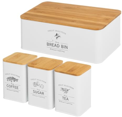 LOLAhome Lot de 3 boîtes à pain en métal blanc avec couvercles en bambou