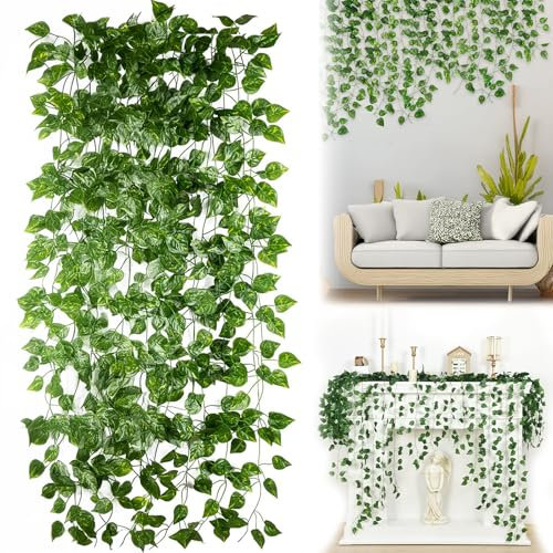 Artificial-Garland-Decoration Fake Ivy - 14 Pack 98FT Artificial Ivy Garland Fake Vines, UV Resistant Green Leaves Fake Plants Hanging Vines for Wedding Party Garden Wall Bedroom Room Decor
