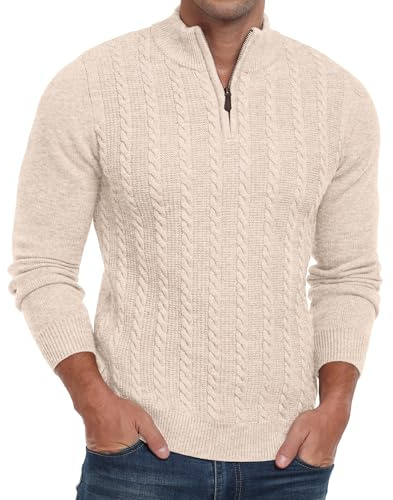 Hisir Mens Quarter Zip Jumper Cable Knit Crew-Neck Sweater Long Sleeve Jumpers Causal Pullover Winter for Men (Beige, L)