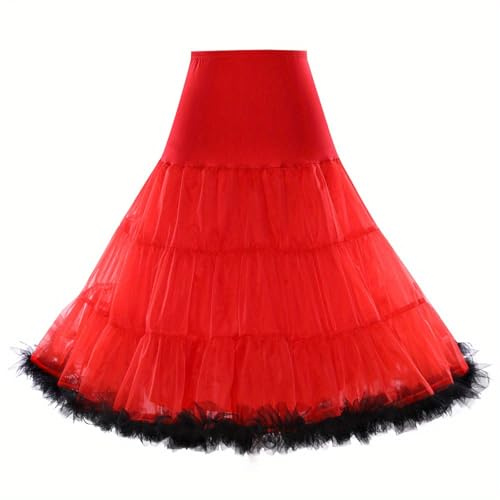 Edhomenn Femmes Jupon Vintage Années 50 en Tulle Demi-Combinaison Grande Taille Ligne A Crinoline Sous-jupe Dames Robe de Soirée et de Mariage, Rouge, S-M