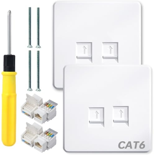Acmerota Plaque murale RJ45 Plaque murale RJ45 Cat6 Prises murales Cat6 Prise murale Ethernet à 2 ports Cat6 pour boîtier de prise réseau pour câble Ethernet, module de connexion réseau sans outil
