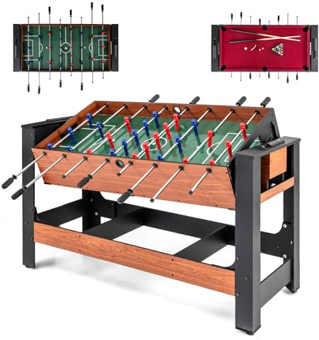 FANTASK 2-in-1 Drehbarer Multifunktionsspieltisch, Tischkicker Billard Komplett Set mit Zubehör, Spieltisch für Kinder und Erwachsene (138 x 61 x 84 cm), Braun