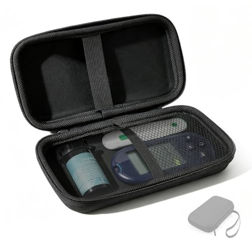 Förvaringsväska för blodsockermätare och diabetestillbehör - Svart fodral med dragkedja, nätficka och elastiskt band, kompatibelt med OneTouch Ultra Plus Reflect, för teststickor och insulinpenna