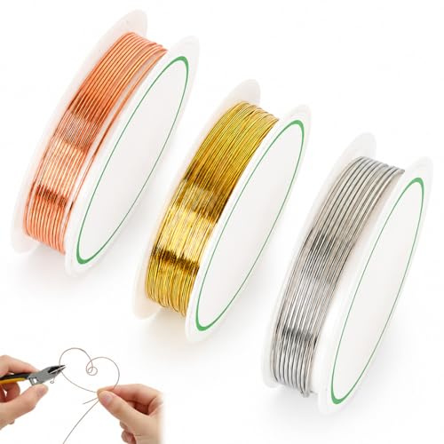 3 Piezas Rollos Alambre para Cuentas, Alambre Manualidades, 0.2mm X 20 M, Flexible Alambre de Cobre para Pulseras Collares Fabricación de Joyas, Alambre Artesanal de Metal