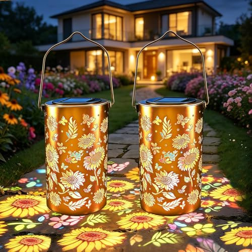 VEEKAY 2 Pezzo Lanterna Solare a Forma di Girasole per Esterno,Lampade Solari da Giardino in Metallo,IP65 Impermeabile,Lanterna Decorativa Da Giardino per Tavolo, Esterni, Terrazzo,Balcone