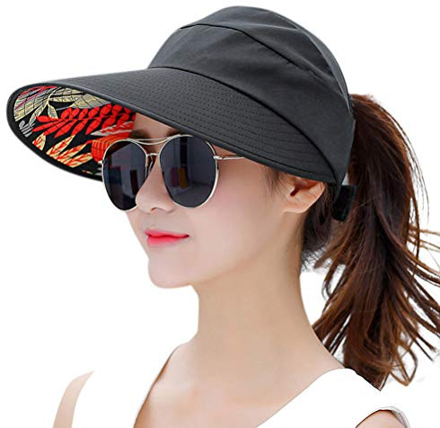 HINDAWI Sun Hat Sun Hats for Women Wide Brim UV Protection Summer Beach Packable Visor Black
