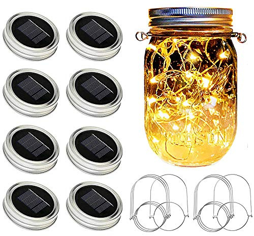 SunKite Solar Mason Jar Lights [Updated], 8 Pack 20 LED Waterproof Fairy Firefly Jar Lids String Lights with Hangers(NO Jars), Patio Yard Garden Wedding Decoration - Warm White