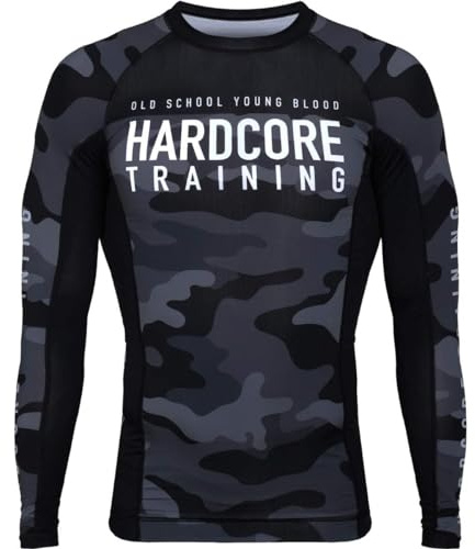 Hardcore Training Men's Rash Guard Compression Long Sleeve Kompression Lång Arm Herr Män Jiu Jitsu MMA No-Gi Tight BJJ (DE/NL/SE/PL, Alfa, XS, Regelbunden, Regelbunden, Black Grey)