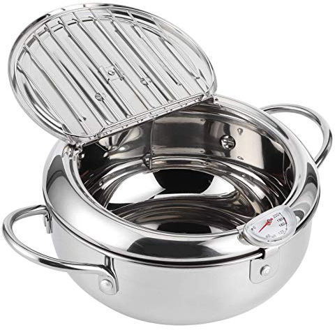 Pentola giapponese per friggitrice, Mini Pentola Per Friggere In Acciaio Inossidabile Con Termometro, Pentola per frittura profonda con Coperchio della Griglia Antigoccia per pollo francese