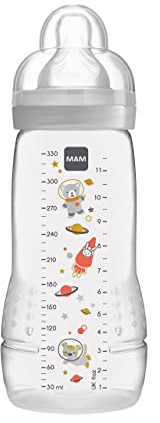 MAM Easy Active Gourde (330 ml), gourde pour bébé avec tétine MAM taille 2 en silicone SkinSoft, bouteille de lait avec forme ergonomique, pour 4 mois et plus, motif espace, 1 pièce (1 pièce)
