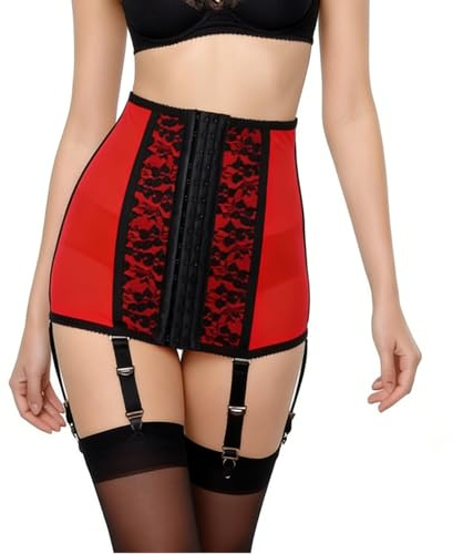 Estanla Corsetto da donna a vita alta con fibbia in metallo staccabile in pizzo lingerie 6 cinghie giarrettiere cintura, Rosso, XX-Large