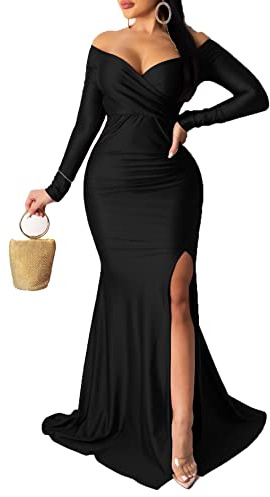Vakkest Womens Off Shoulder Sexy V Neck High Split Cocktail Long Maxi Dress