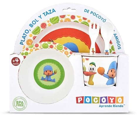 maxifiestas Pocoyo, set di stoviglie per bambini, per colazione, bambini e ragazze, confezione da 5 pezzi (piatto, tazza, cucchiaio, forchetta, ciotola)