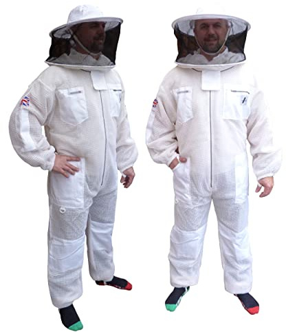 AGS 3 Layer Ventilated Beekeeping Suit with Round Veil Hat – Full Body Bee Suit, Breathable Mesh, YKK Zips, Unisex Beekeeper Suit - White