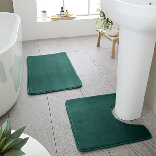 Catherine Lansfield Bathroom Anti-Bacterial Memory Foam Bath Mat and Pedestal Set Forest Green, Mats