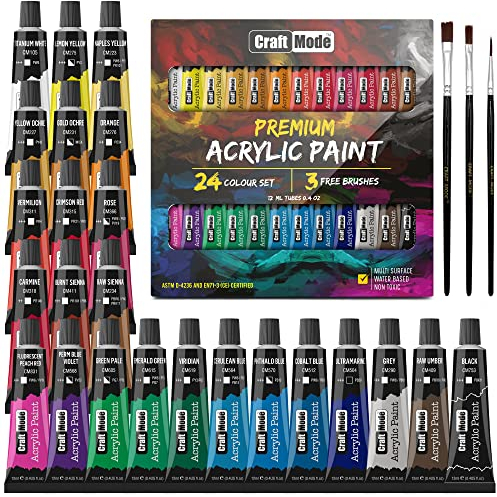 Craft Mode Acrylic paint set 24 12ml Perfect for Canvas, Wood, Ceramic, Rock, Fabric & Crafts. Non-Toxic, Quick Dry Vibrant Colours. Beginners, Students and professionals