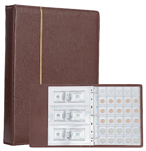 TsunNee Album da collezione per monete con 150 tasche, supporto per collezione di monete, album di archiviazione per monete con 24 tasche commemorative, Marrone Giallo, 30 x 24,5 x 4,5 cm
