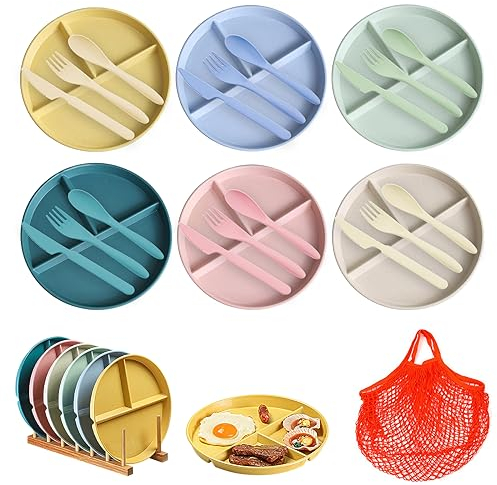Nizirioo Lot De 6 Assiettes Divisées, Assiettes Plates Incassables Assiette 3 Compartiments, Assiette Plate Divisée Incassable Assiette Plate Réutilisables Sans Bpa, Pour Les Adultes Et Les Enfants