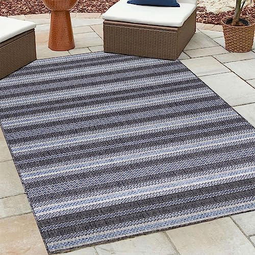 HomebyHome Outdoor Teppich Wetterfest 200x290 cm Sisal Optik Streifen Design Rechteckig Schwarz - Balkon Teppich Wasserfest Küchenteppich - Für Garten, Terasse, Camping, Außenbereich Teppich